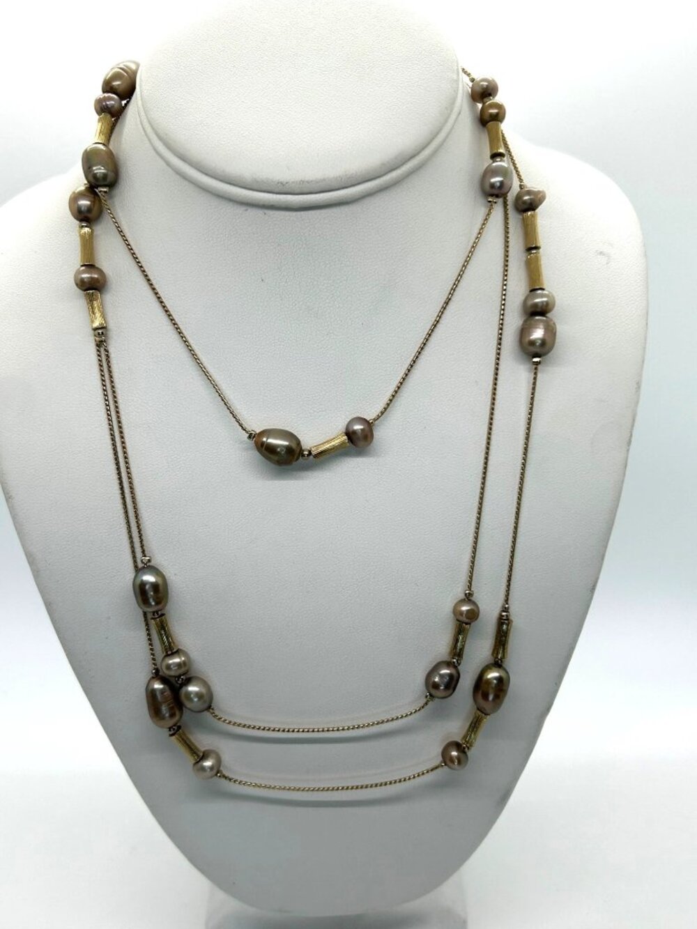 Vintage Monet 56" Long Necklace Faux Pearl & Gold-Tone Beaded Chain